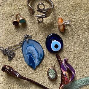 Bundle: Geode Necklace Pendant, Hair Clip, Wooden Hair Pin, Fork Bracelet, rings